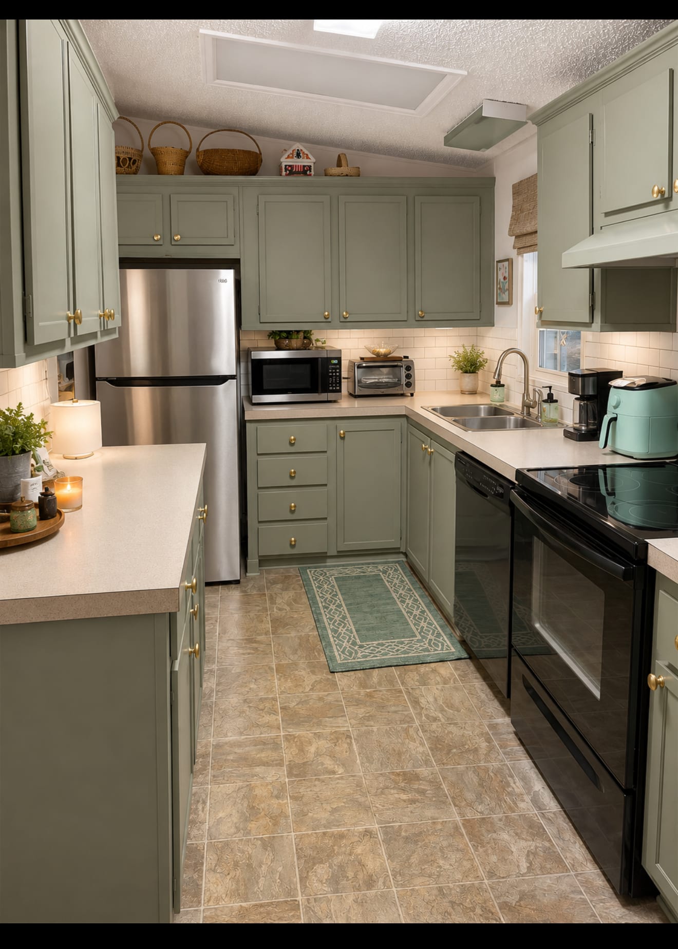 The same kitchen after repainting in Sherwin-Williams Evergreen Fog with brass hardware, Ocala, FL